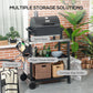 Black grill cart with upper side rack, hooks, and three storage shelves