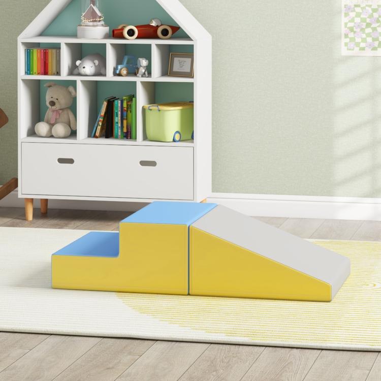 Foam climbing and crawl activity set with blue, yellow, and gray fold-out steps