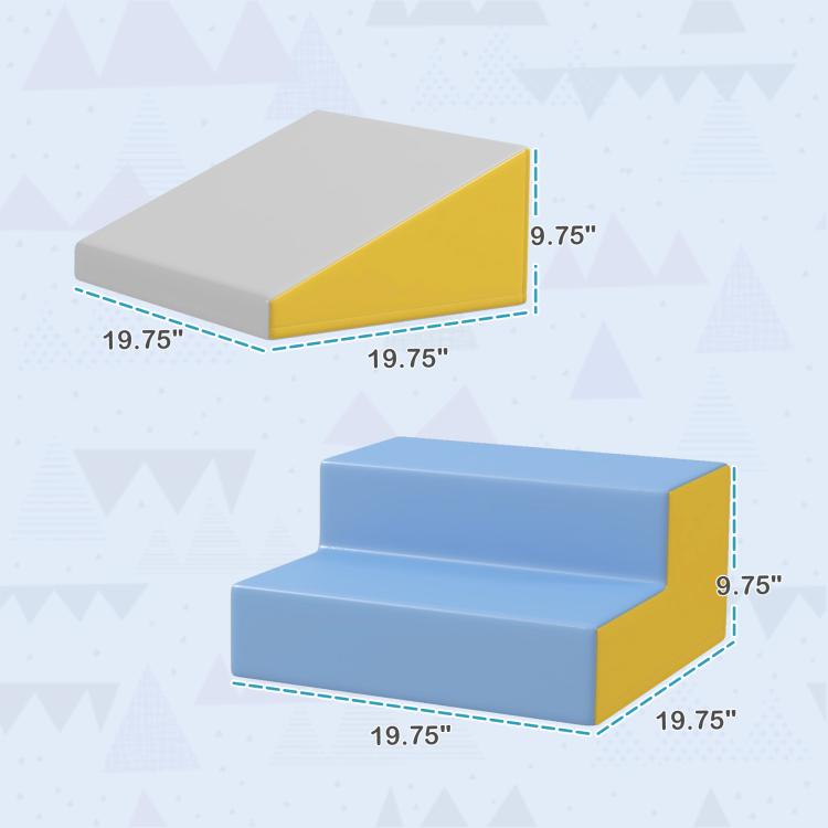 Foam climb-and-slide set showing blue steps and yellow base with gray platform