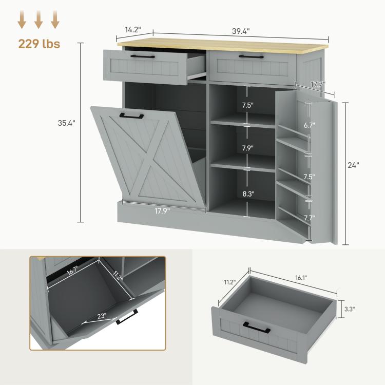Gray trash cabinet layout diagram with measurements and tilt-out trash door, two drawers shown.