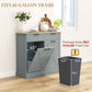 Gray kitchen cabinet with tilt-out trash door and drawers; 10-gallon trash size shown separately.
