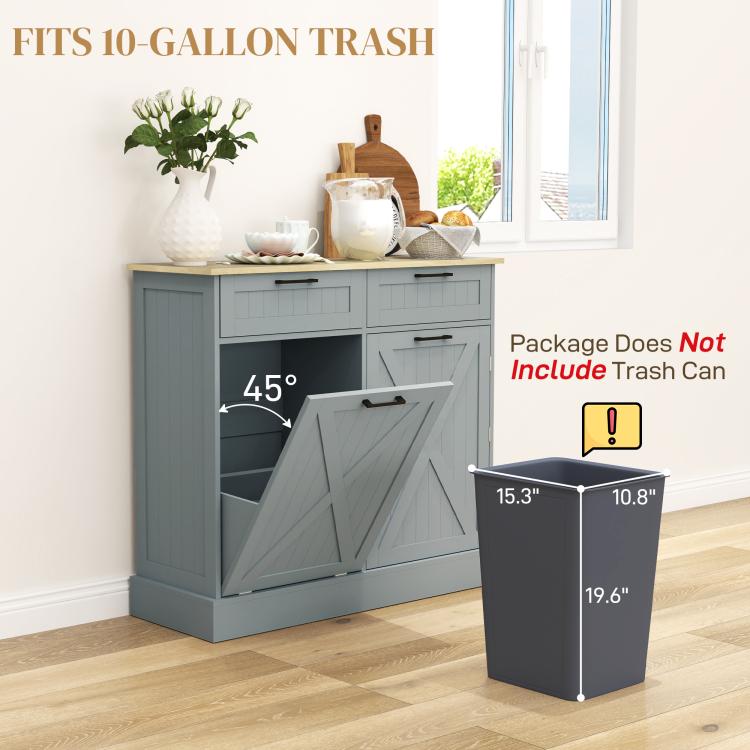 Gray kitchen cabinet with tilt-out trash door and drawers; 10-gallon trash size shown separately.