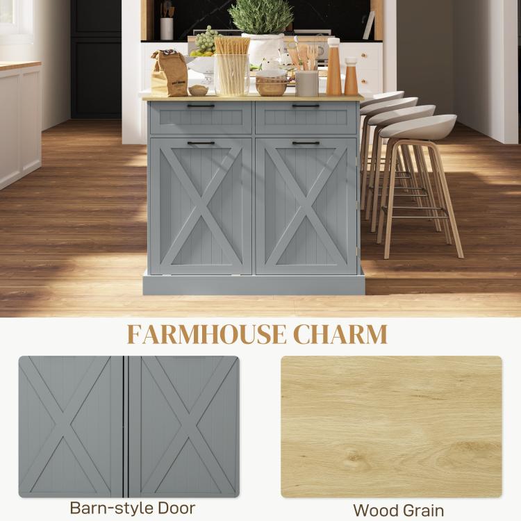 Gray farmhouse kitchen cabinet front with two barn-style doors and farmhouse design panels.