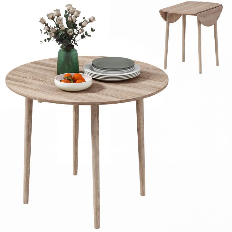 Round drop-leaf dining table in light oak tone with four wooden legs