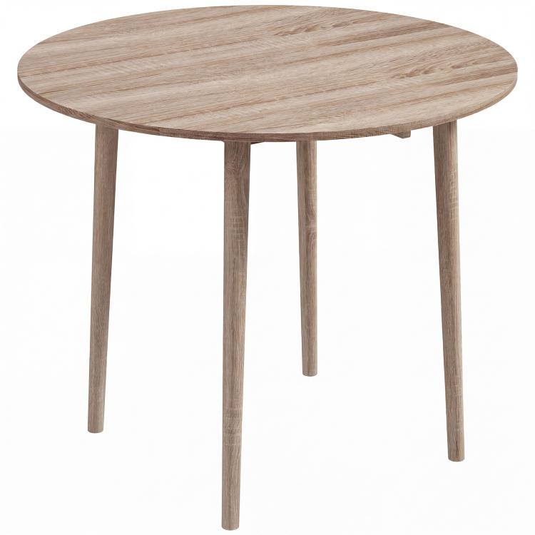 Oak round dining table with drop-leaf style top and four wooden legs