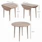 Round drop-leaf table with light oak wood top, shown closed and opened with measurements