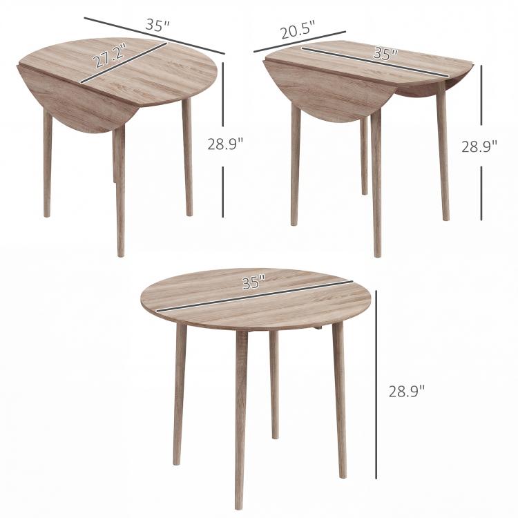 Round drop-leaf table with light oak wood top, shown closed and opened with measurements