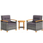 Wicker bistro set with two gray cushioned chairs and round wood side table