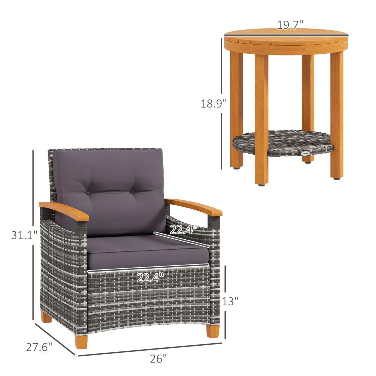 Outdoor bistro set: gray cushioned wicker armchair and round wood side table