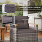 Wicker bistro armchair with gray seat and back cushions and covered armrest