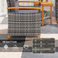 Wicker armchair with gray woven pattern, gray cushion, and wooden armrest