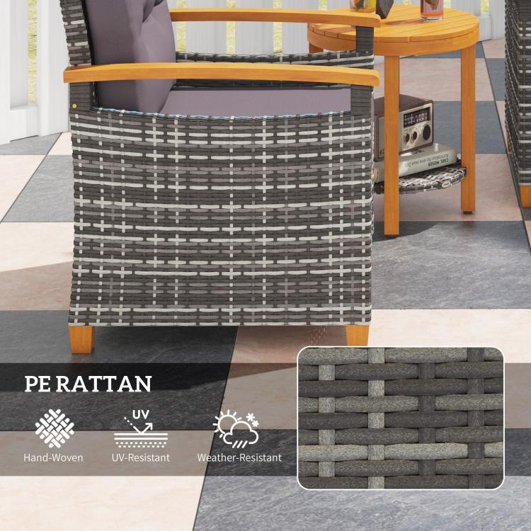 Wicker armchair with gray woven pattern, gray cushion, and wooden armrest