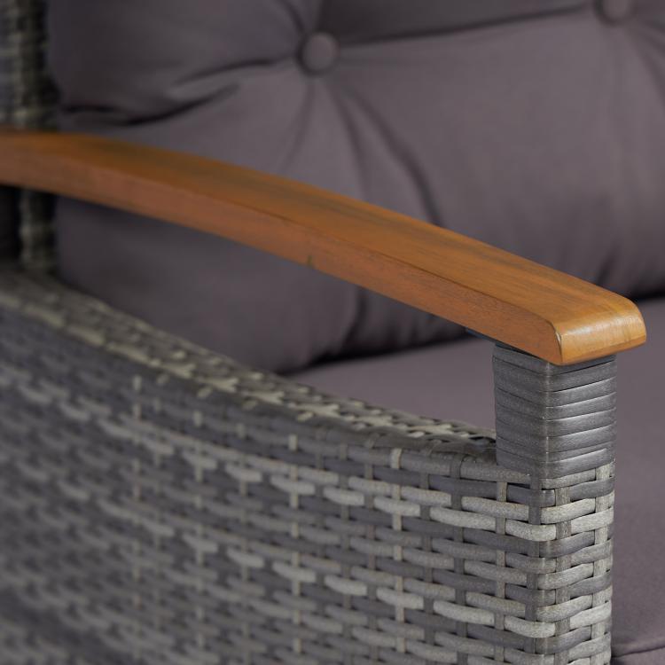Wicker bistro armchair corner with gray woven frame and wooden armrest