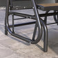 Outdoor glider chair frame with curved armrest, dark steel base, front view