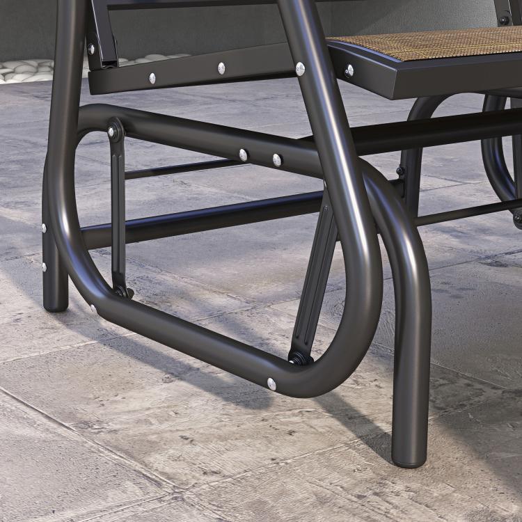 Outdoor glider chair frame with curved armrest, dark steel base, front view
