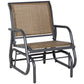 Outdoor glider chair with woven seat and back, curved arms, dark steel frame