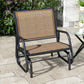 Outdoor glider chair with brown mesh backrest and seat, dark steel curved armrests