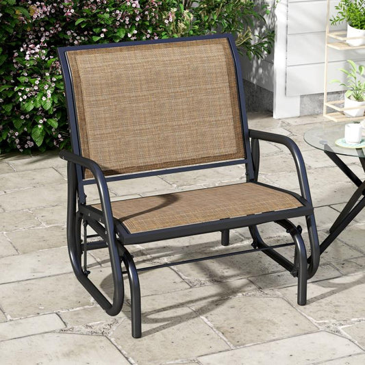Outdoor glider chair with brown mesh backrest and seat, dark steel curved armrests