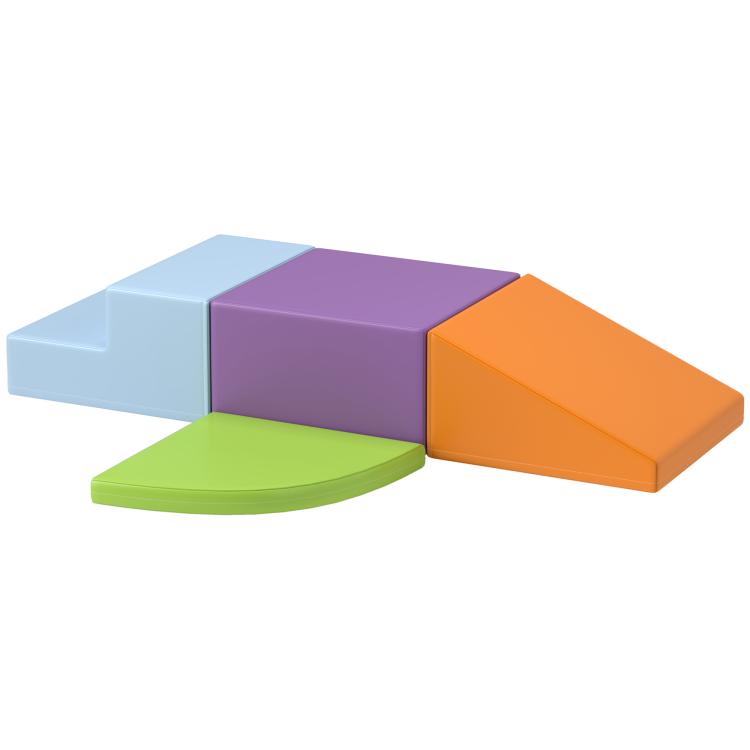 Multicolor foam play set with blue, purple, orange blocks and green curved ramp