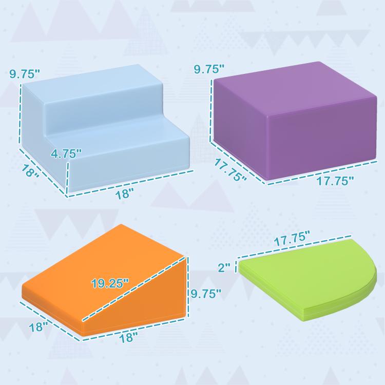 Multicolor foam play set pieces shown with size dimensions: blue, purple, orange, green
