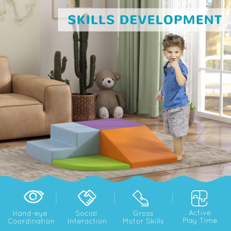 Foam play set with blue, purple, orange and green ramps in a living room