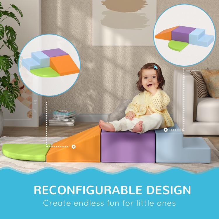 Multicolor foam play set with circular inset showing connected blocks and ramp pieces