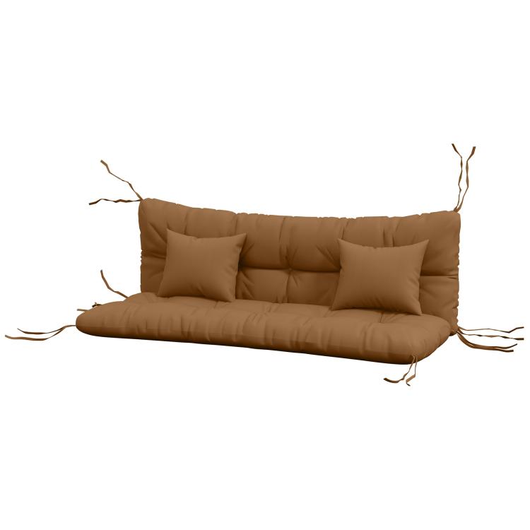 Tan tufted bench cushion set with padded back panels and two pillows