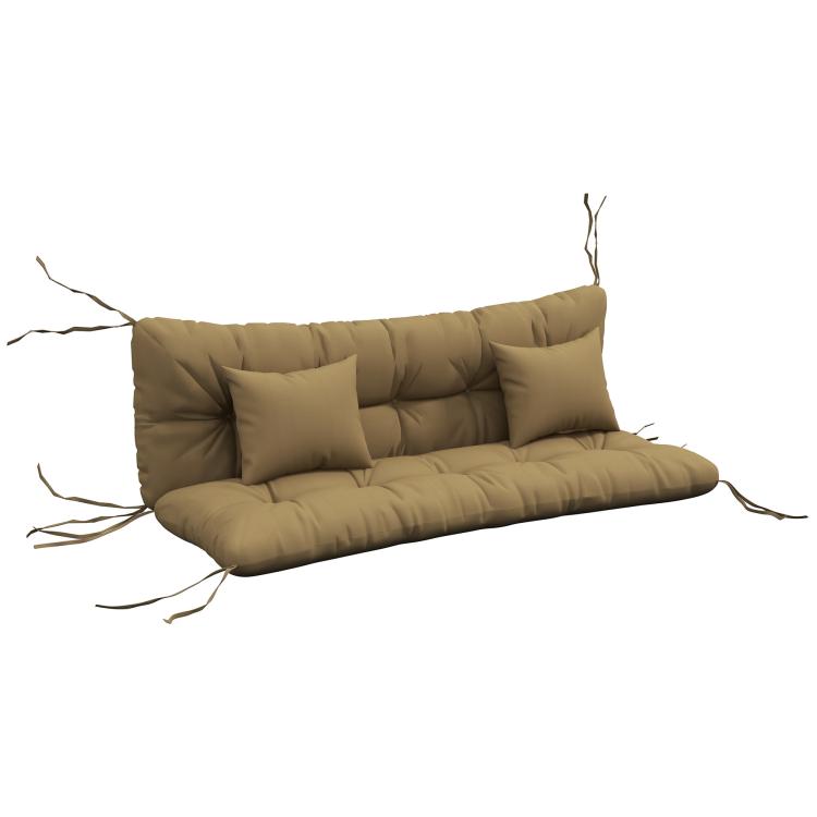 Tan tufted bench cushion with backrest and two matching pillows, tie closures