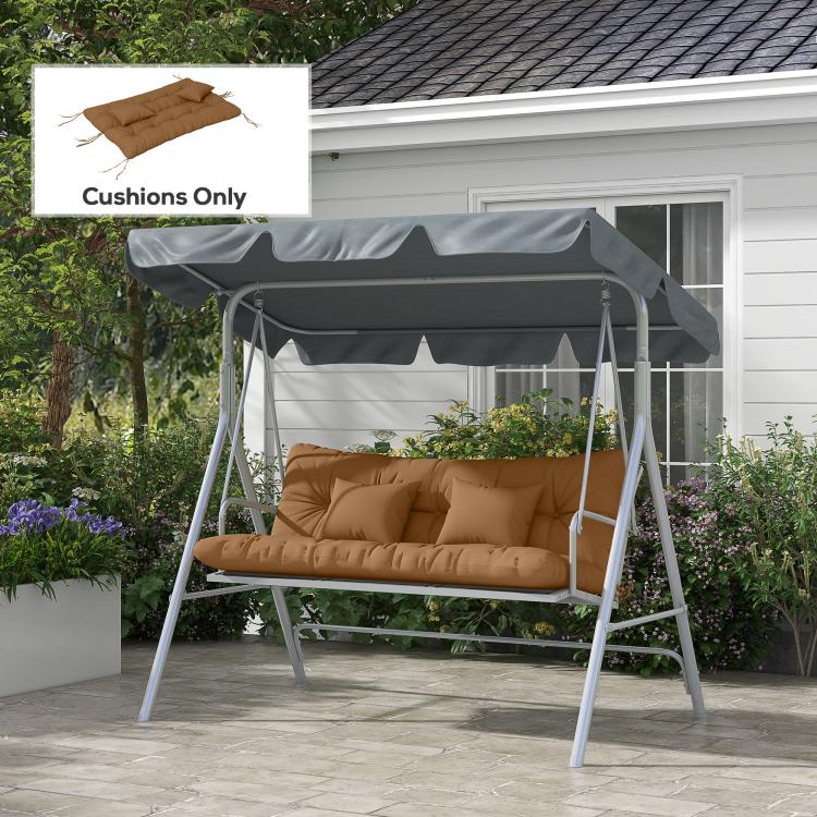 Tan tufted bench cushion set on outdoor swing bench seat with backrest
