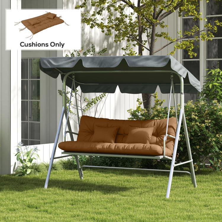 Tan tufted bench cushion set on outdoor swing with two matching throw pillows