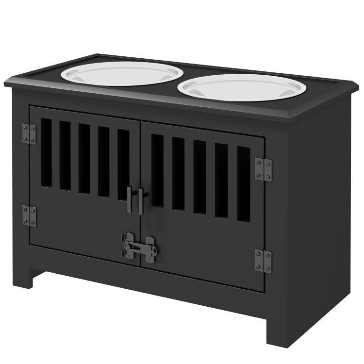 Black raised dog feeding station cabinet with two stainless steel bowls and slatted front