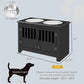 Black dog feeding cabinet with two stainless steel bowls and slatted front doors