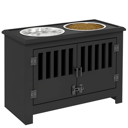 Black pet food storage cabinet with two stainless steel bowls on top and slatted front