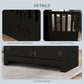 Black pet food cabinet with slatted door panels, latch hardware, and raised design