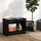 Black dog feeding station cabinet with two bowls and open storage compartment for food bag