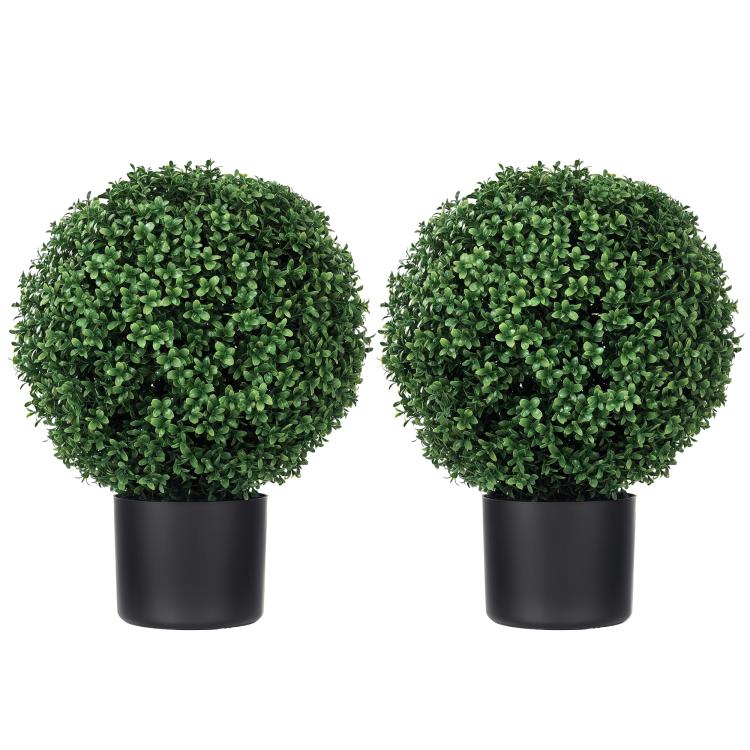 Set of two artificial ball topiary trees in matte black pots, dense green leaves.