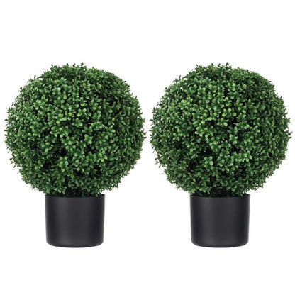 Set of two artificial ball topiary trees in matte black pots, dense green leaves.