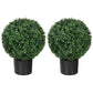 Two artificial ball topiary trees with dense green foliage in matte black pots.