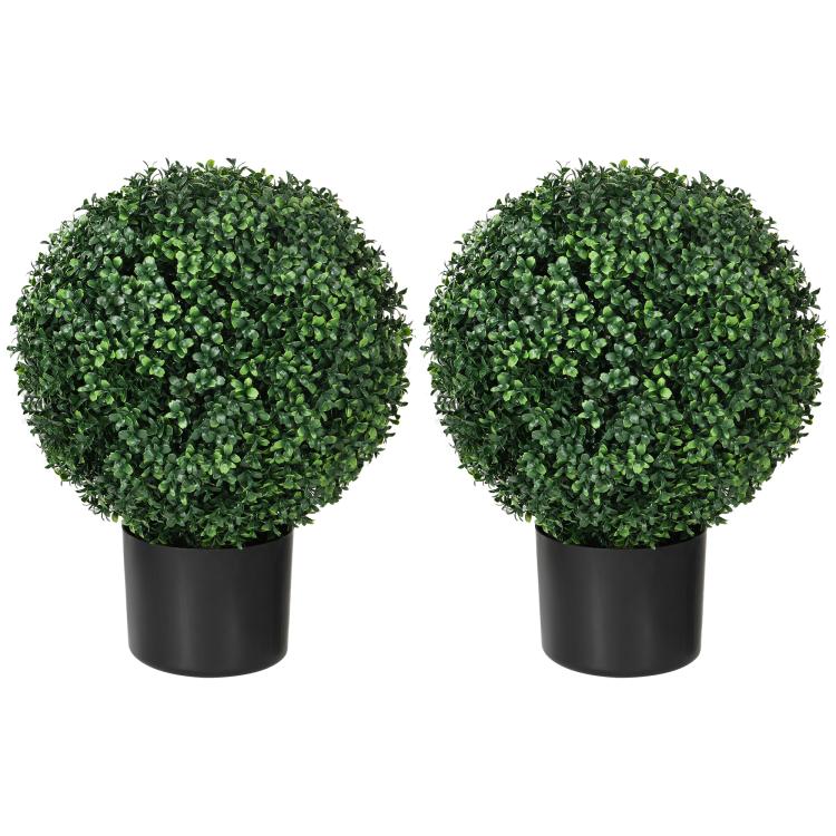 Two artificial ball topiary trees with dense green foliage in matte black pots.