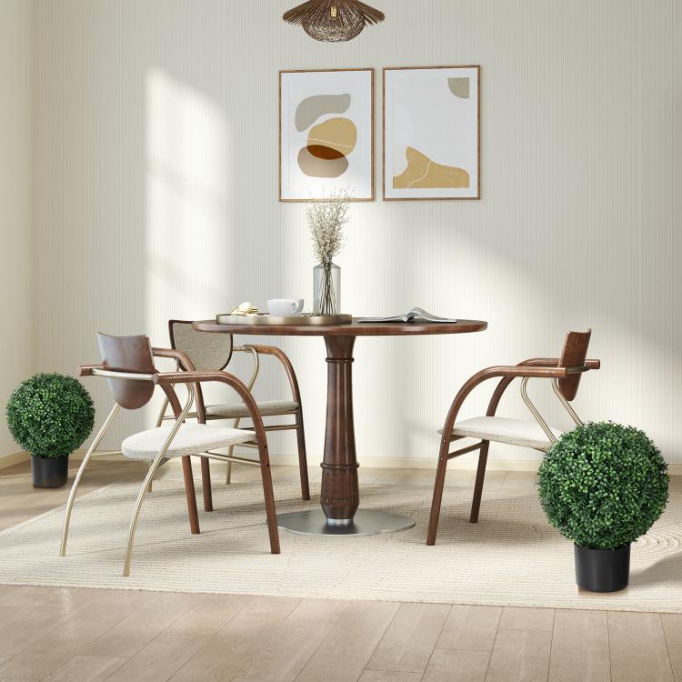 Two artificial boxwood topiary ball trees with dark pots, indoor decor set