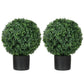 Set of two green artificial topiary ball trees in black square pots