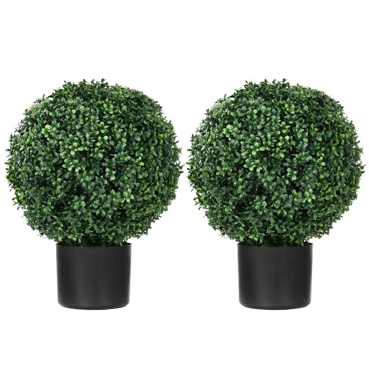 Set of two green artificial topiary ball trees in black square pots