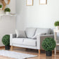 Artificial ball topiary tree in a matte black pot beside a light sofa.