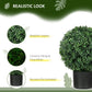 Artificial ball topiary tree with dense green leaves in a matte black pot.