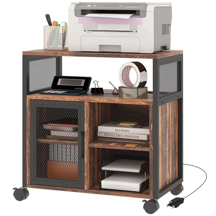 Rustic brown printer table cart with black mesh panels, side cabinet, and caster wheels