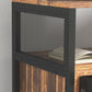 Industrial printer stand with metal mesh panel and dark frame, open storage area