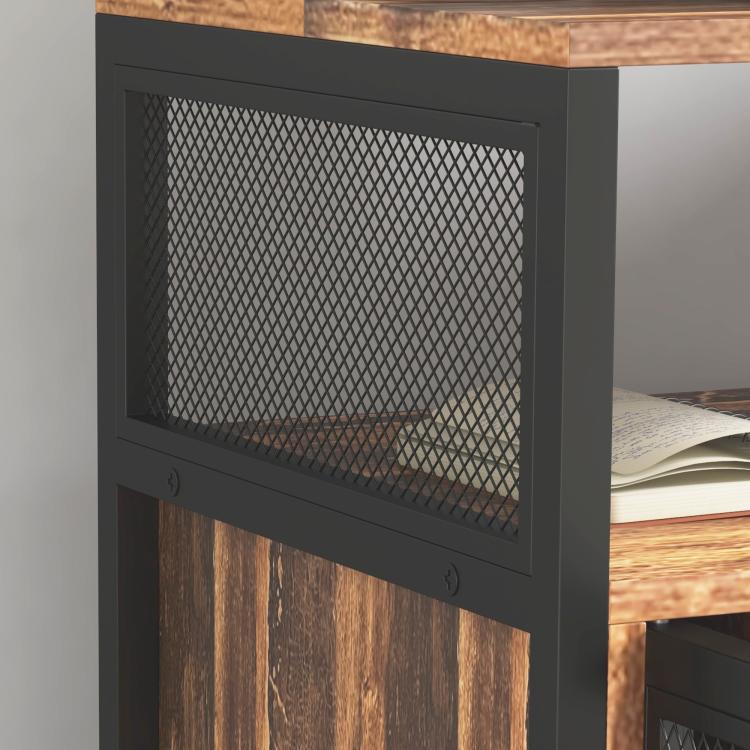 Industrial printer stand with metal mesh panel and dark frame, open storage area