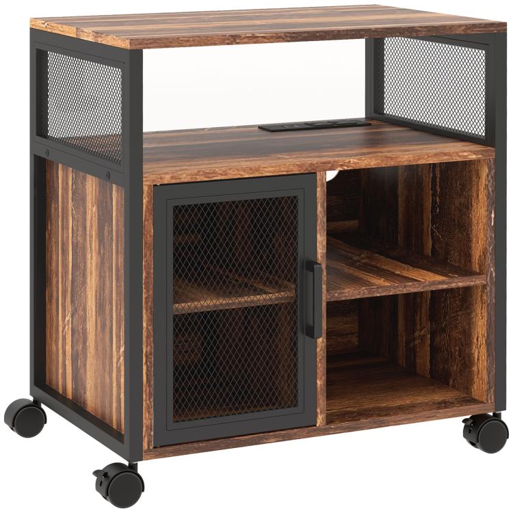 Mobile printer stand with wood shelves, metal mesh cabinet door, and rolling wheels