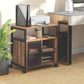 Rustic brown printer stand with black mesh door, open shelves, and rolling caster base