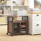 Rustic brown printer stand cabinet with black mesh doors, open storage, and caster wheels